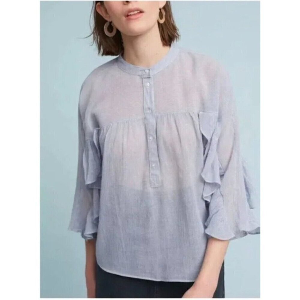 Maeve By Anthropologie Women’s Size Medium Popover Ruffled Blue Top Shirt Blouse